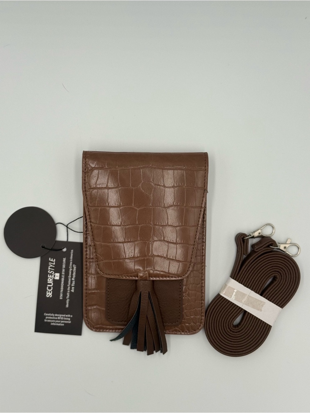 K. Carroll RFID Brown Croc-Embossed Crossbody Phone Bag with Tassel
